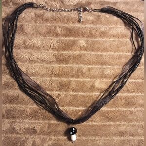 Handmade Black and White Lampworks Glass Mushroom Necklace Cottagecore Fairycore